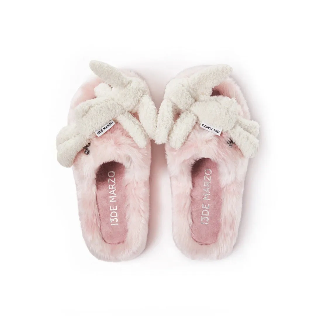 13DE MARZO Logo Furry Plush Slipper Primrose Pink