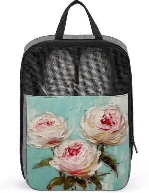 3 Pale Pink Cabbage Roses Shoe Bag for Travel Daily Use Anti-dust Storage Carrier Golf Shoe Pouch