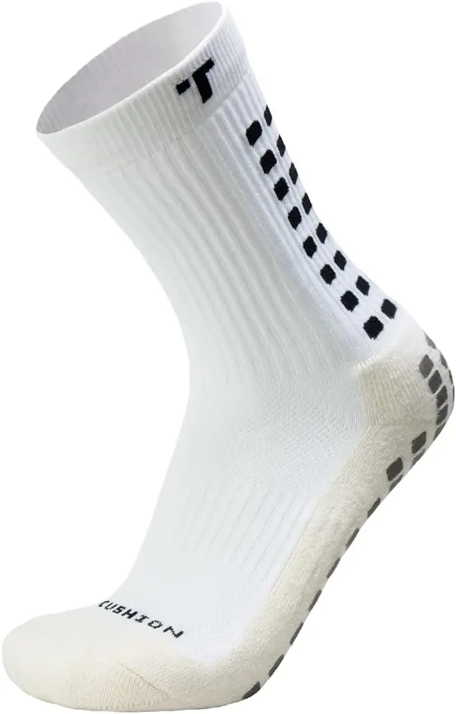 3.0 Cushioned Grip Socks, Made in the USA, Non Slip Grippy Soccer Crew Socks for Men & Women with Grip Inside and Out for Football and Soccer, White, Large