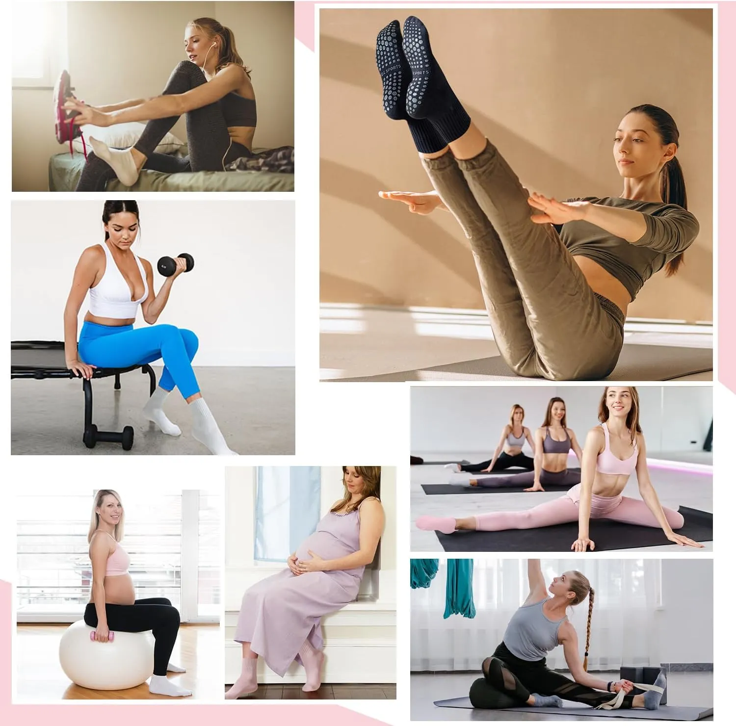 6 Pairs Pilates Socks with Grips for Women-Non-Slip Yoga Socks for Ballet Dance Barefoot Workout Pregnant Crew Socks