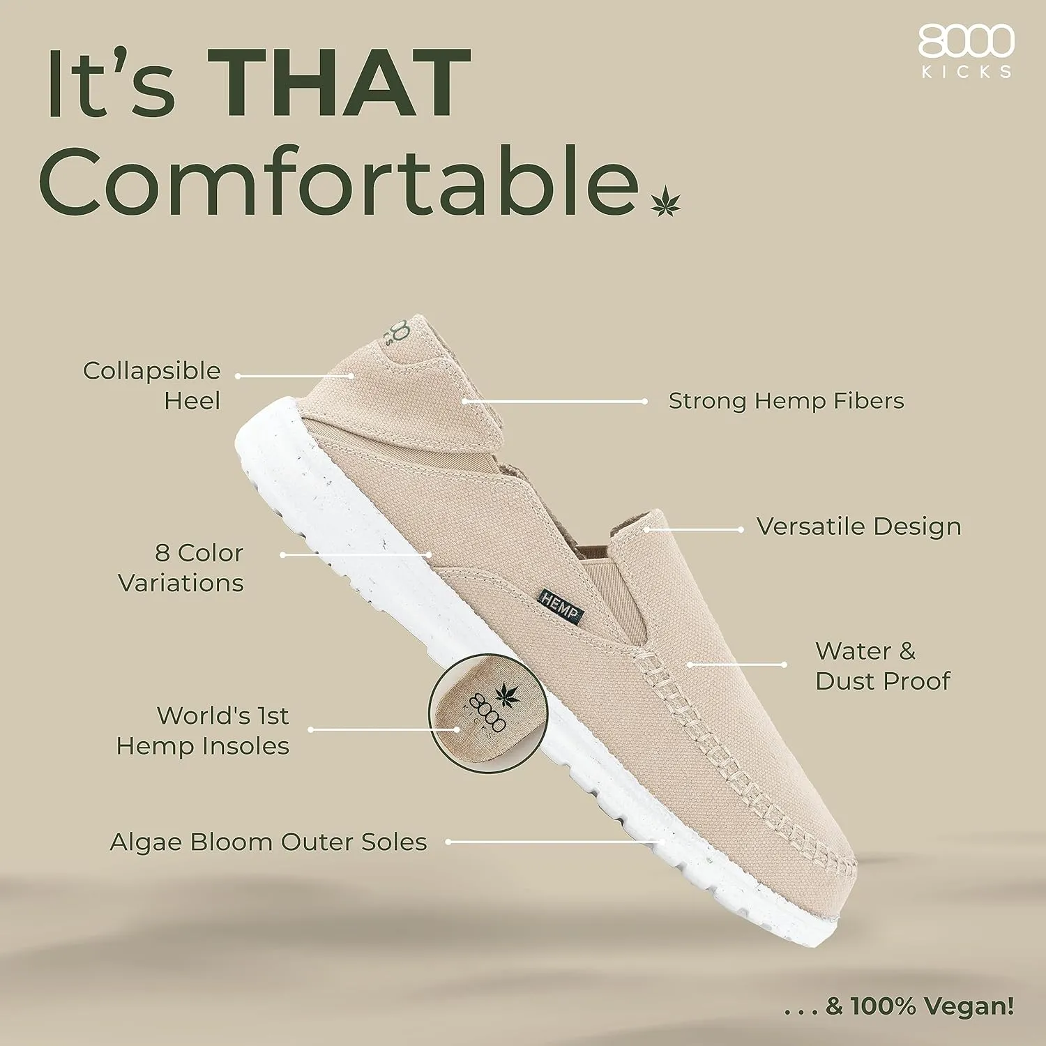 8000Kicks SunSlide Hemp Slides for Women, Grey, Size 9, Water Resistant, Breathable, Comfortable, Durable, Sustainable