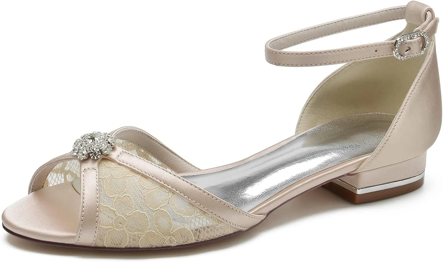 ADMLZQQ Women's Lace Peep Toe Dress Pumps D'Orsay Satin Ankle Strap Ballet Flats