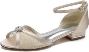 ADMLZQQ Women's Lace Peep Toe Dress Pumps D'Orsay Satin Ankle Strap Ballet Flats