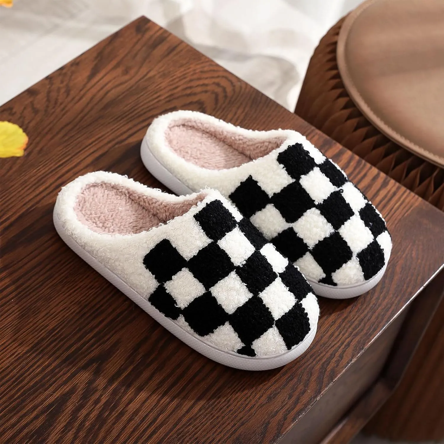 Afellicy Halloween Christmas Slippers Checkered Scuff for Women and Men Holiday Indoor Bedroom Fluffy Warm Fleece Slippers Winter Soft Cozy Home Non-Slip Soft Plush Slip-on Wool Lined House Shoes