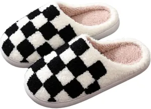 Afellicy Halloween Christmas Slippers Checkered Scuff for Women and Men Holiday Indoor Bedroom Fluffy Warm Fleece Slippers Winter Soft Cozy Home Non-Slip Soft Plush Slip-on Wool Lined House Shoes