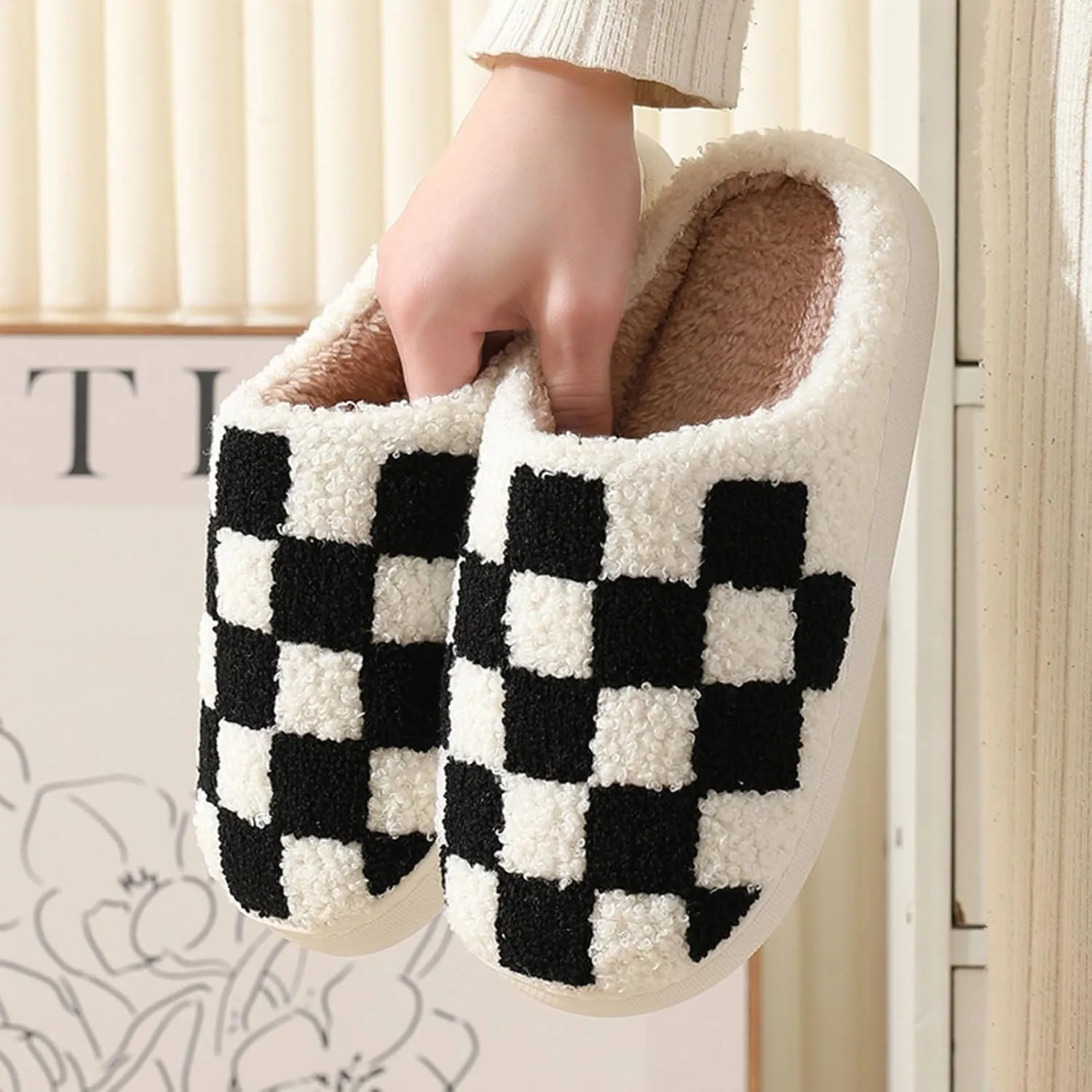 Afellicy Halloween Christmas Slippers Checkered Scuff for Women and Men Holiday Indoor Bedroom Fluffy Warm Fleece Slippers Winter Soft Cozy Home Non-Slip Soft Plush Slip-on Wool Lined House Shoes