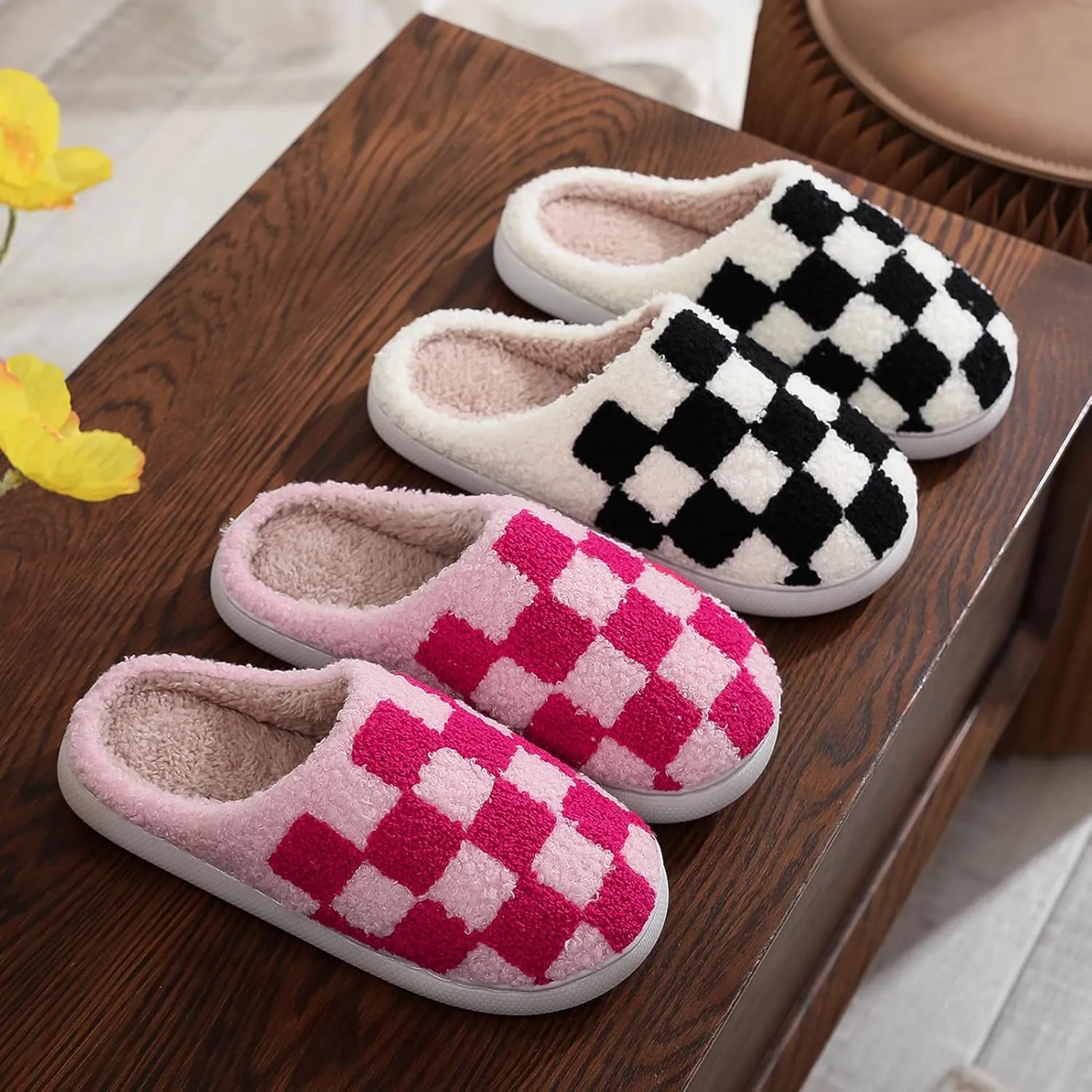 Afellicy Halloween Christmas Slippers Checkered Scuff for Women and Men Holiday Indoor Bedroom Fluffy Warm Fleece Slippers Winter Soft Cozy Home Non-Slip Soft Plush Slip-on Wool Lined House Shoes