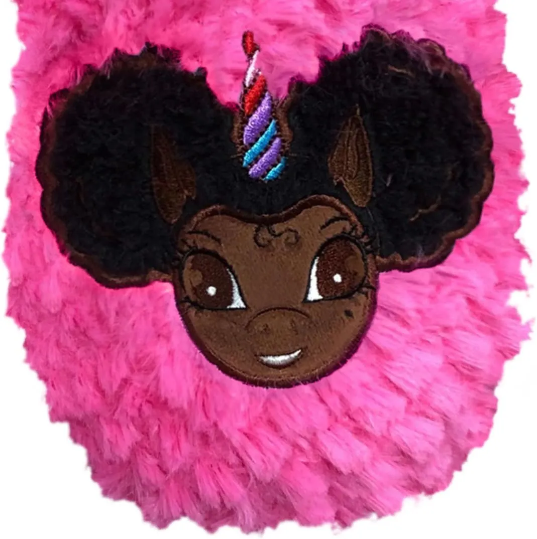 Afro Puff Unicorn Hot Pink Plush Slipper - Dark Brown with Black Hair