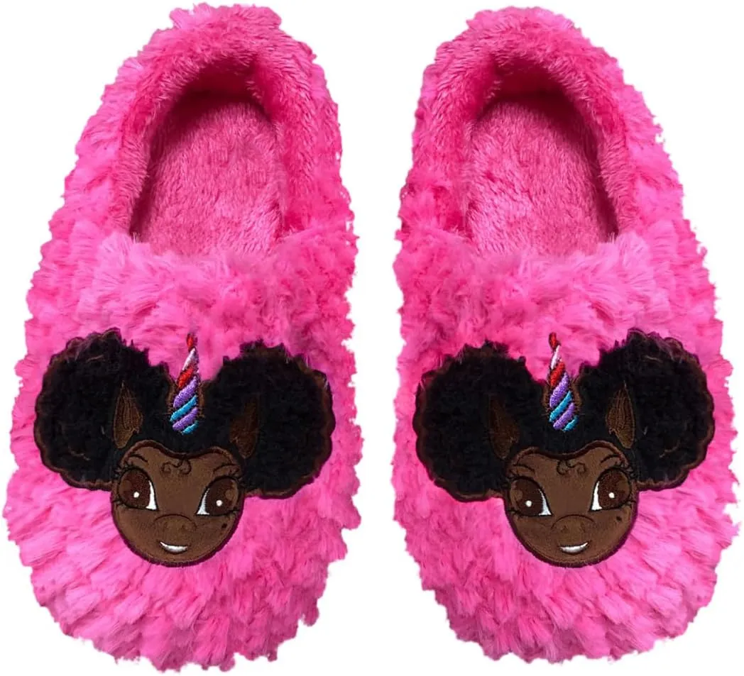Afro Puff Unicorn Hot Pink Plush Slipper - Dark Brown with Black Hair