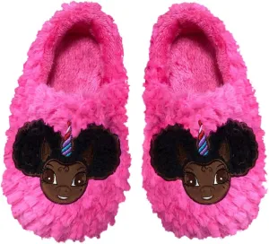 Afro Puff Unicorn Hot Pink Plush Slipper - Dark Brown with Black Hair