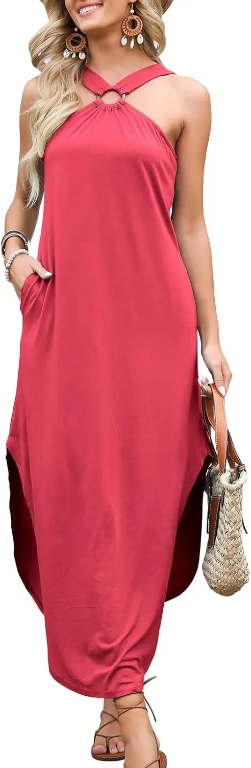 ANRABESS Women Summer Halter Neck Sundress Sleeveless Split Side Casual Beach Travel Vacation Maxi Long Dress with Pockets
