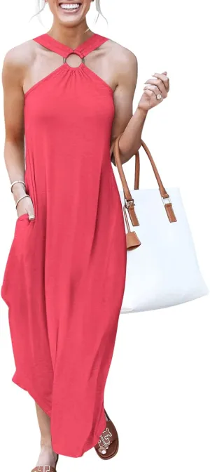 ANRABESS Women Summer Halter Neck Sundress Sleeveless Split Side Casual Beach Travel Vacation Maxi Long Dress with Pockets