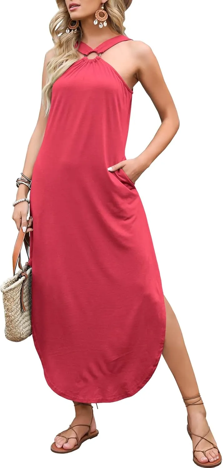 ANRABESS Women Summer Halter Neck Sundress Sleeveless Split Side Casual Beach Travel Vacation Maxi Long Dress with Pockets