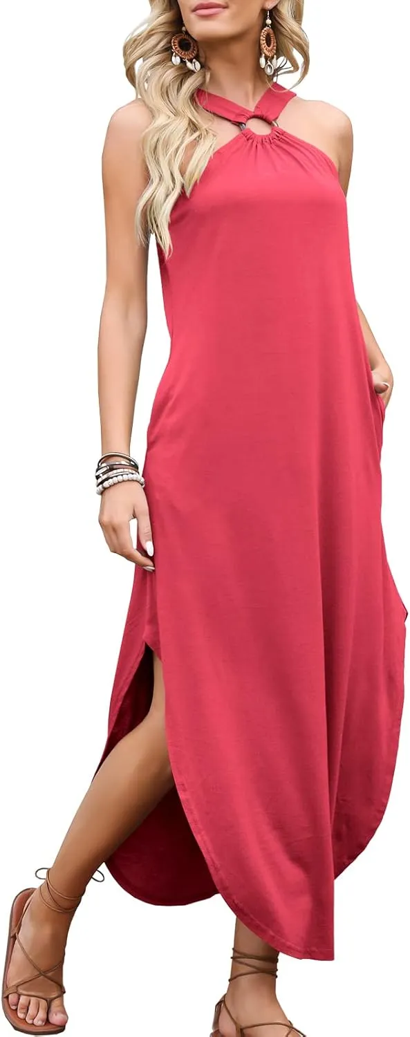 ANRABESS Women Summer Halter Neck Sundress Sleeveless Split Side Casual Beach Travel Vacation Maxi Long Dress with Pockets
