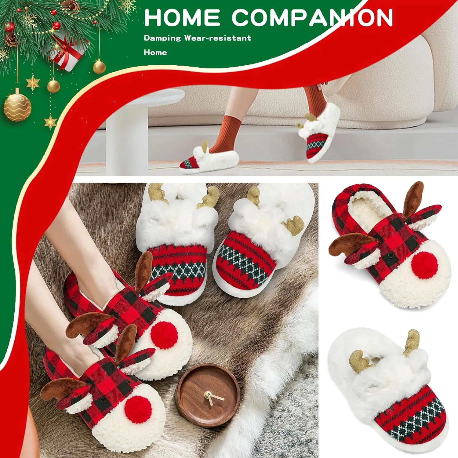 ASHION Women's Cute Fuzzy Reindeer House Slippers Stuffed Animal Bedroom Slippers Cozy Christmas Indoor Shoes