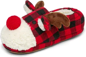 ASHION Women's Cute Fuzzy Reindeer House Slippers Stuffed Animal Bedroom Slippers Cozy Christmas Indoor Shoes