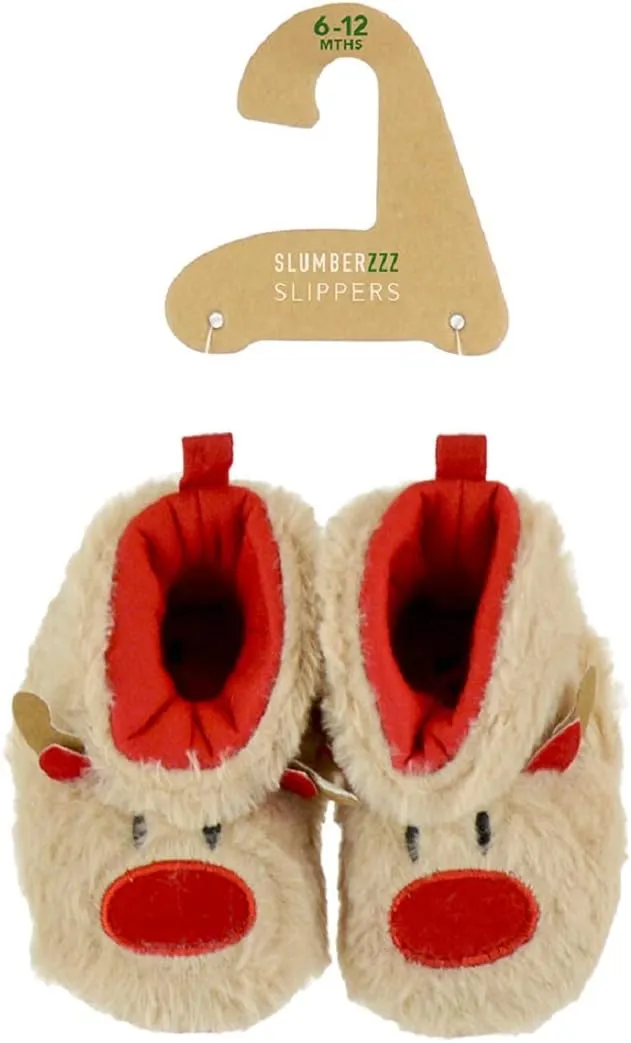 Babies Christmas Reindeer Slippers - Festive Pull On Slipper