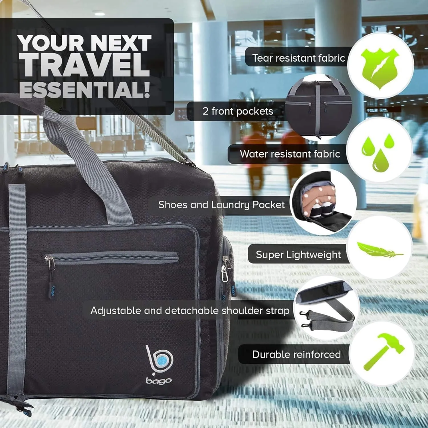 Bago Foldable Duffel Bags for Traveling Women & Men - 60L Medium Packable Duffle Bag for Travel with Shoe Compartment - Water Repellant, Heavy Duty, Lightweight Folding & Collapsible (Black)