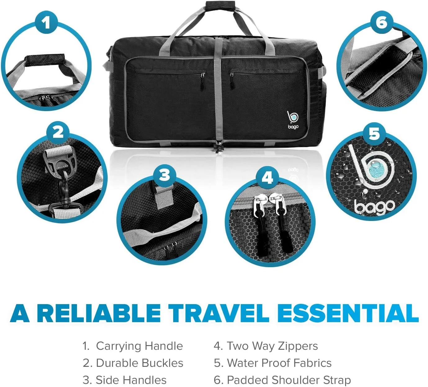 Bago Foldable Duffel Bags for Traveling Women & Men - 60L Medium Packable Duffle Bag for Travel with Shoe Compartment - Water Repellant, Heavy Duty, Lightweight Folding & Collapsible (Black)