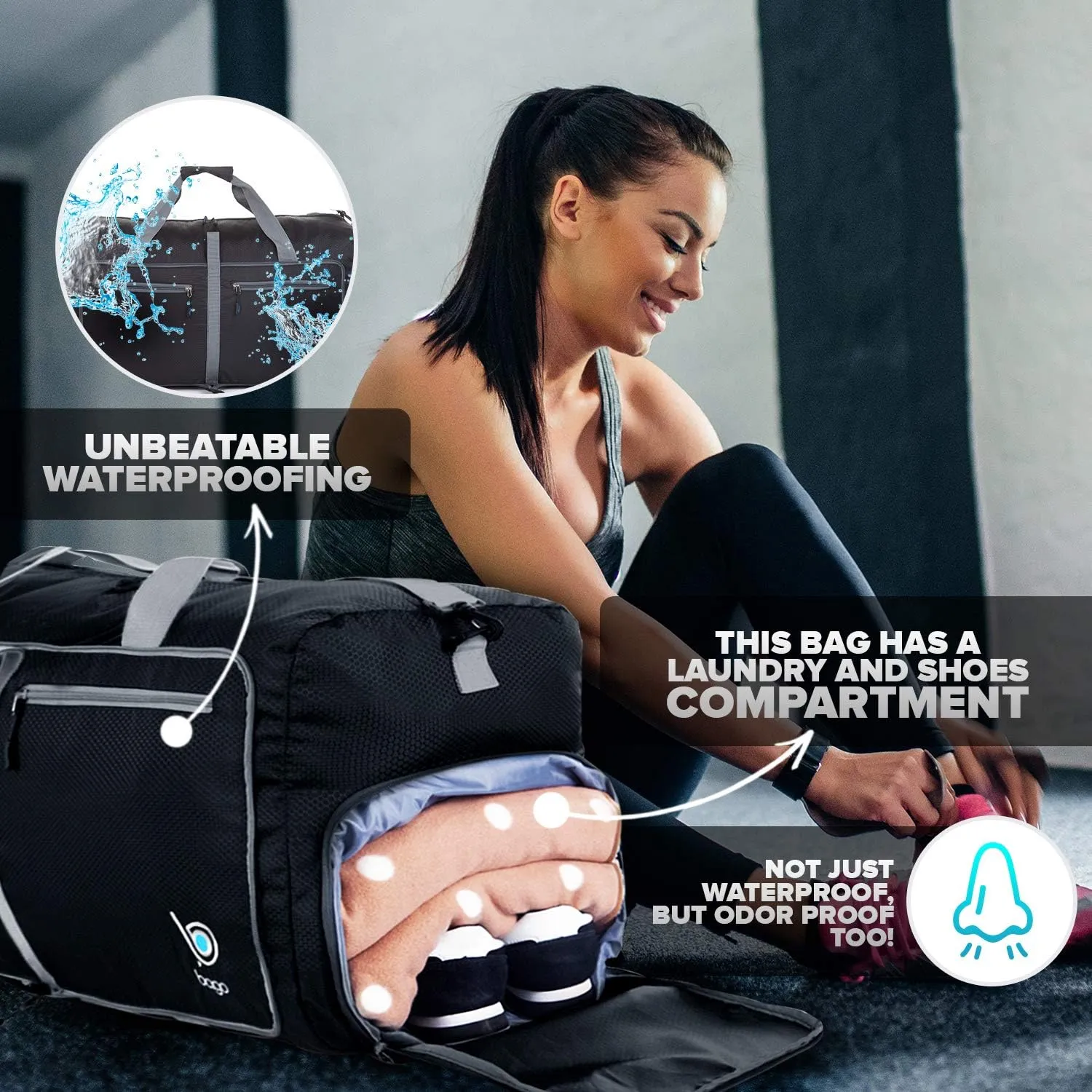 Bago Foldable Duffel Bags for Traveling Women & Men - 60L Medium Packable Duffle Bag for Travel with Shoe Compartment - Water Repellant, Heavy Duty, Lightweight Folding & Collapsible (Black)