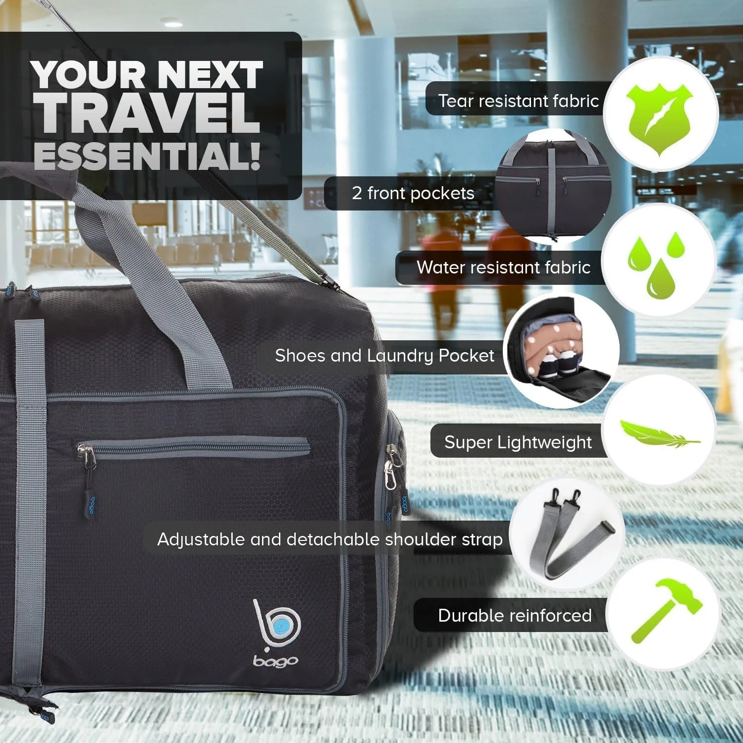 Bago Large Foldable Duffel Bags for Traveling Women & Men - 100L Packable Duffle Bag for Travel with Shoe Compartment - Water Repellant, Heavy Duty, Lightweight Folding & Collapsible (Black)
