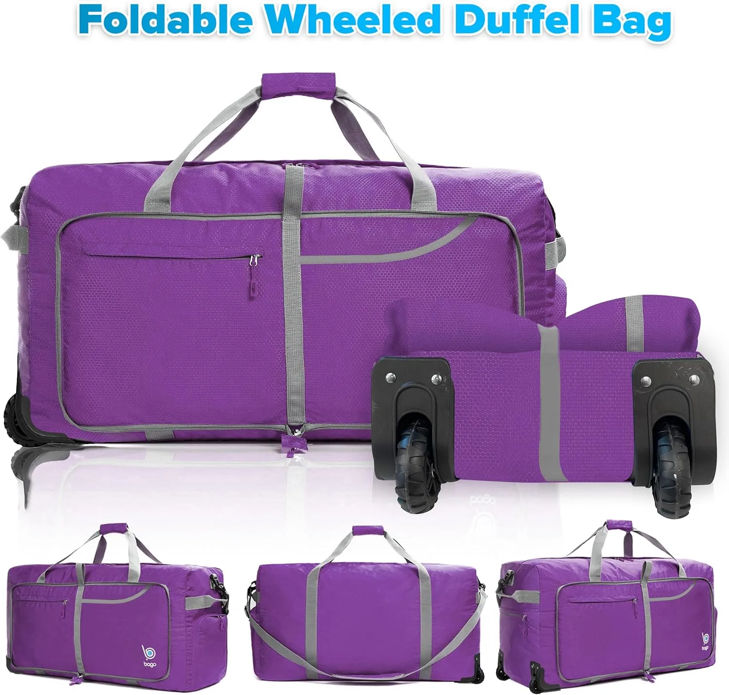 Bago Rolling Duffle Bag with Wheels - 31" 120L Foldable Weekender Bag, Waterproof Travel Duffel Bag, Heavy Duty lightWeight Duffle Bag for Traveling, Rolling Duffel Bag with Wheels (Purple2023)