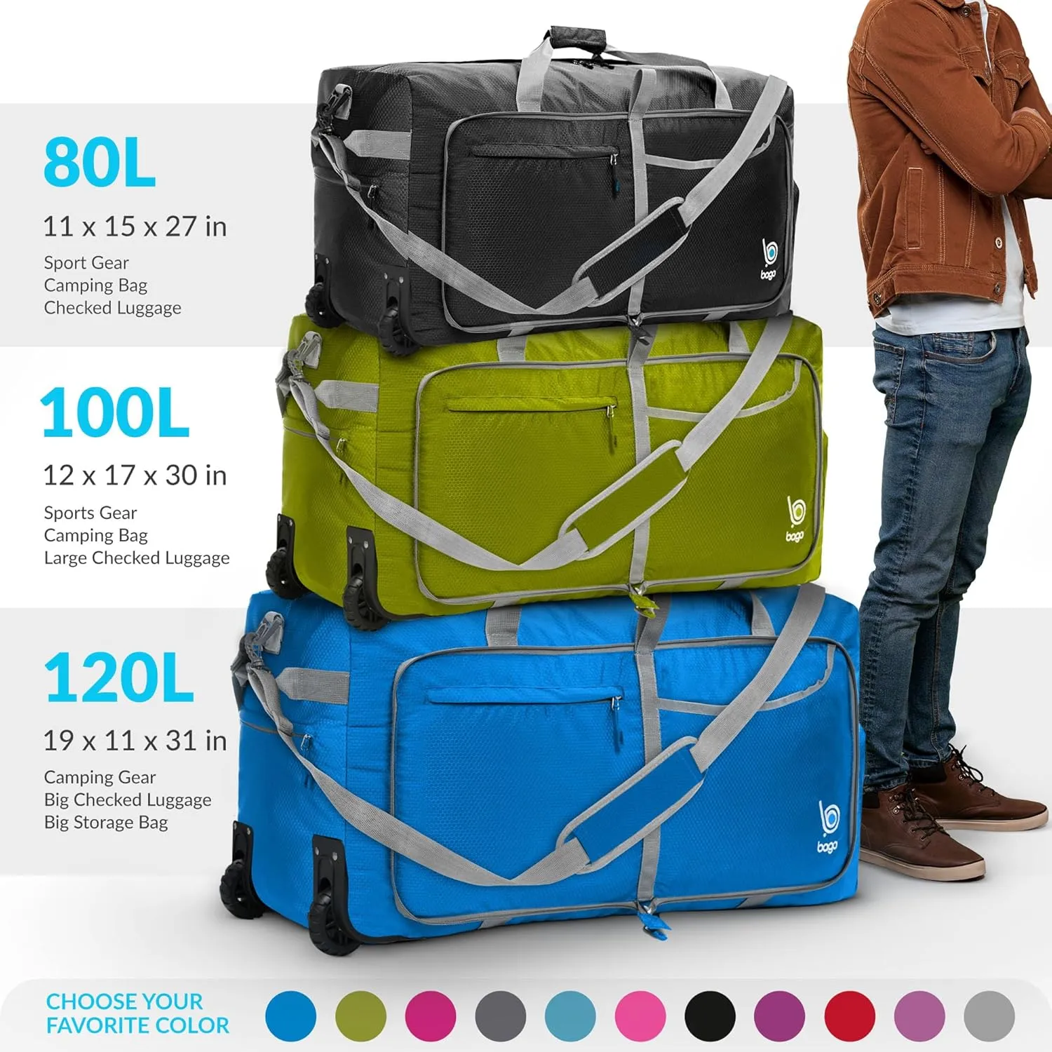 Bago Rolling Duffle Bag with Wheels - 31" 120L Foldable Weekender Bag, Waterproof Travel Duffel Bag, Heavy Duty lightWeight Duffle Bag for Traveling, Rolling Duffel Bag with Wheels (Purple2023)