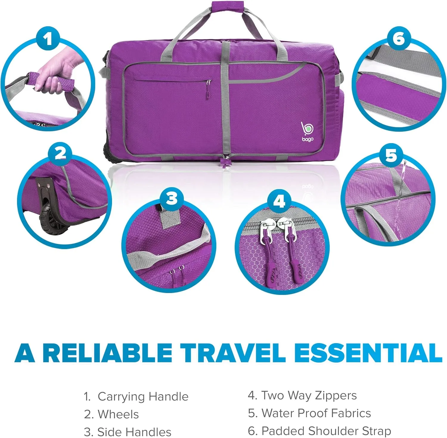 Bago Rolling Duffle Bag with Wheels - 31" 120L Foldable Weekender Bag, Waterproof Travel Duffel Bag, Heavy Duty lightWeight Duffle Bag for Traveling, Rolling Duffel Bag with Wheels (Purple2023)