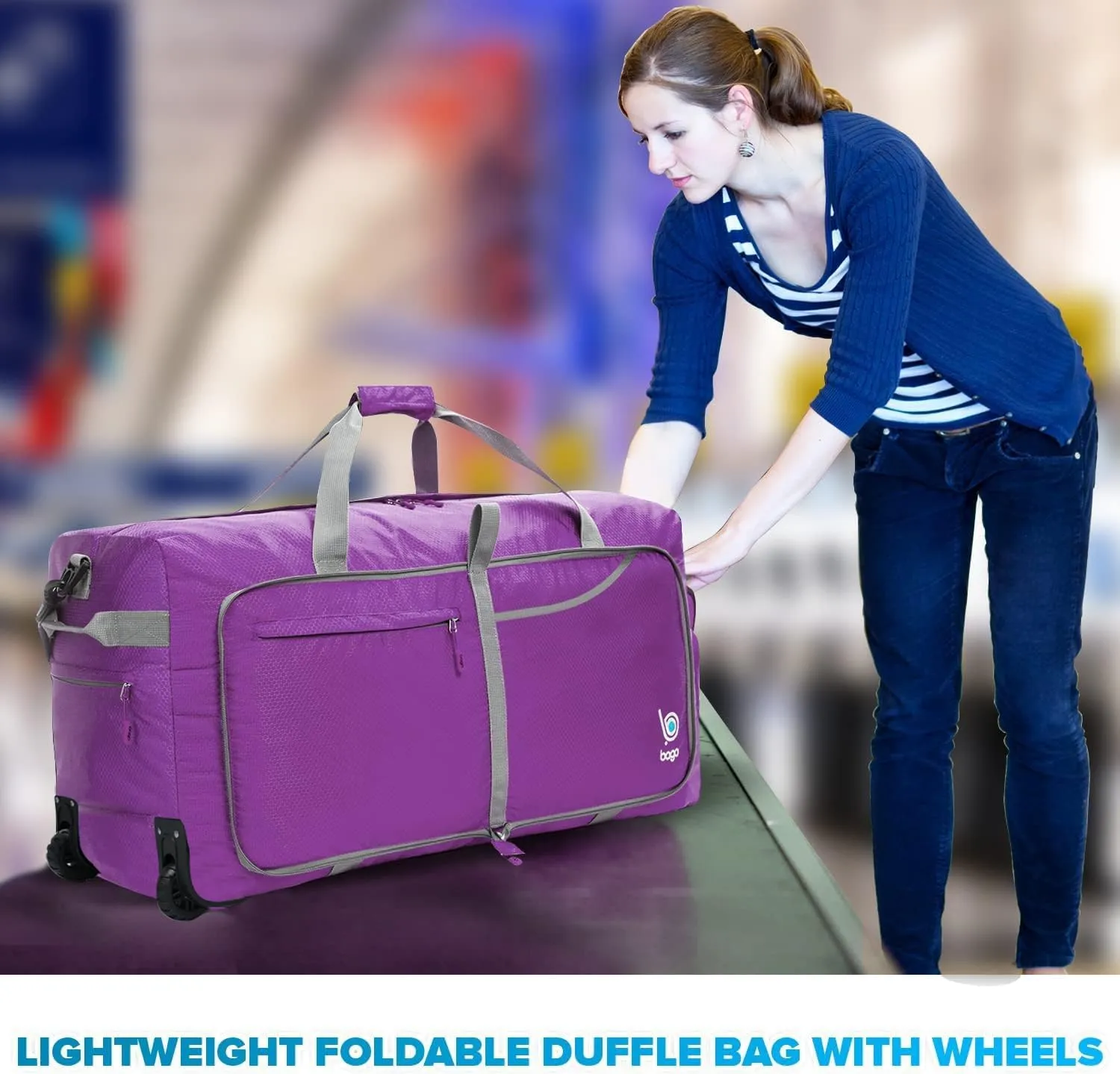 Bago Rolling Duffle Bag with Wheels - 31" 120L Foldable Weekender Bag, Waterproof Travel Duffel Bag, Heavy Duty lightWeight Duffle Bag for Traveling, Rolling Duffel Bag with Wheels (Purple2023)