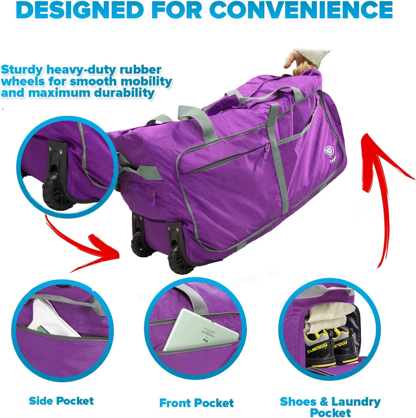 Bago Rolling Duffle Bag with Wheels - 31" 120L Foldable Weekender Bag, Waterproof Travel Duffel Bag, Heavy Duty lightWeight Duffle Bag for Traveling, Rolling Duffel Bag with Wheels (Purple2023)