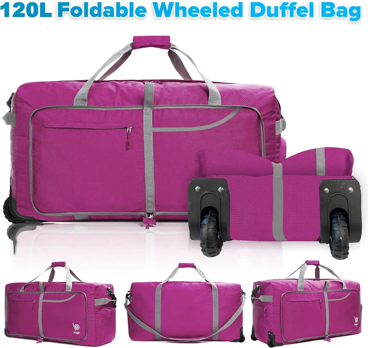 Bago Rolling Duffle Bag with Wheels - 31" 120L Foldable Weekender Bag, Waterproof Travel Duffel Bag, Heavy Duty lightWeight Duffle Bag for Traveling, Rolling Duffel Bag with Wheels(Pink)