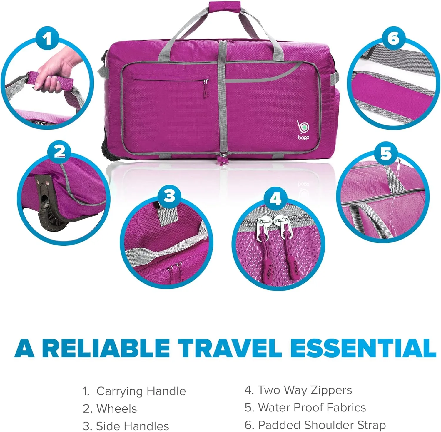 Bago Rolling Duffle Bag with Wheels - 31" 120L Foldable Weekender Bag, Waterproof Travel Duffel Bag, Heavy Duty lightWeight Duffle Bag for Traveling, Rolling Duffel Bag with Wheels(Pink)