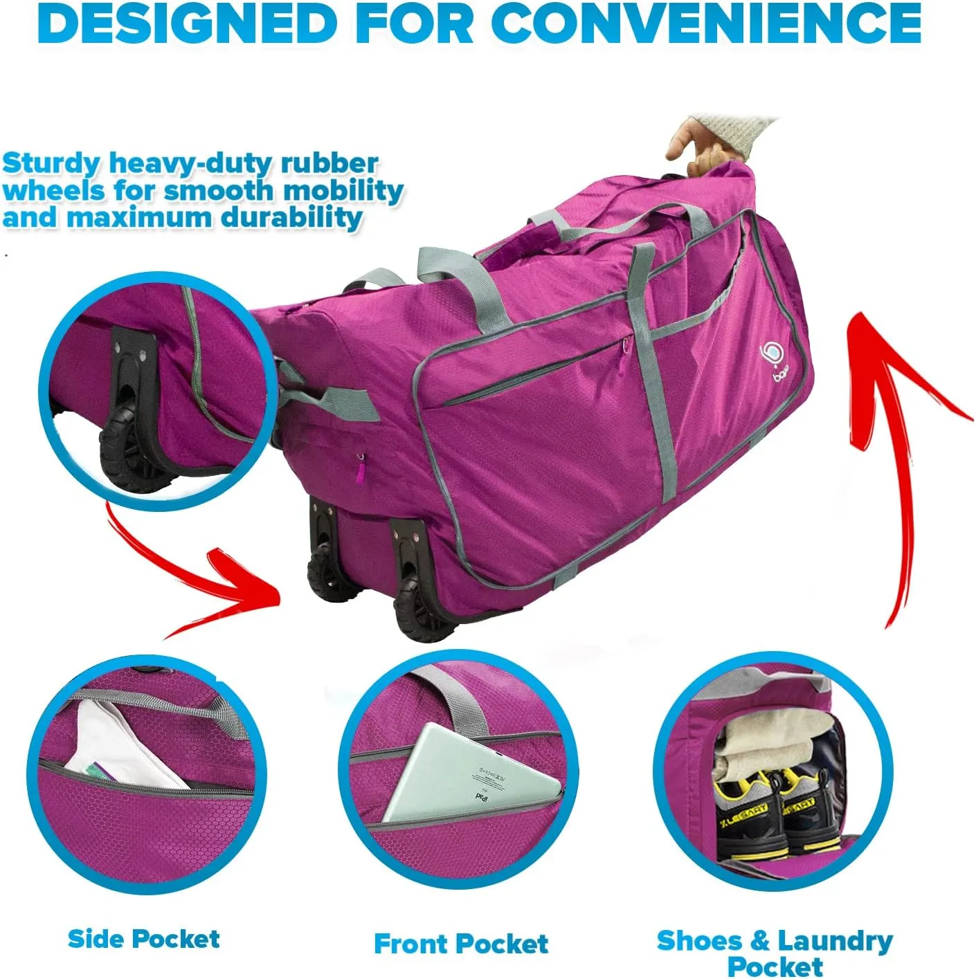 Bago Rolling Duffle Bag with Wheels - 31" 120L Foldable Weekender Bag, Waterproof Travel Duffel Bag, Heavy Duty lightWeight Duffle Bag for Traveling, Rolling Duffel Bag with Wheels(Pink)