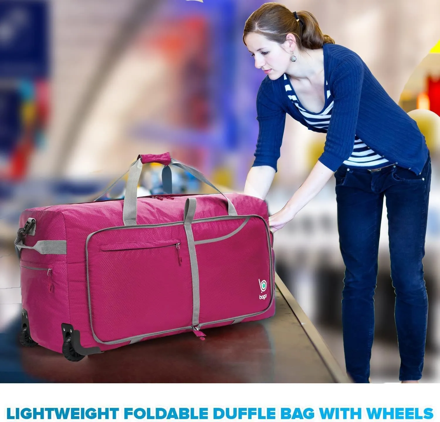 Bago Rolling Duffle Bag with Wheels - 31" 120L Foldable Weekender Bag, Waterproof Travel Duffel Bag, Heavy Duty lightWeight Duffle Bag for Traveling, Rolling Duffel Bag with Wheels(Pink)