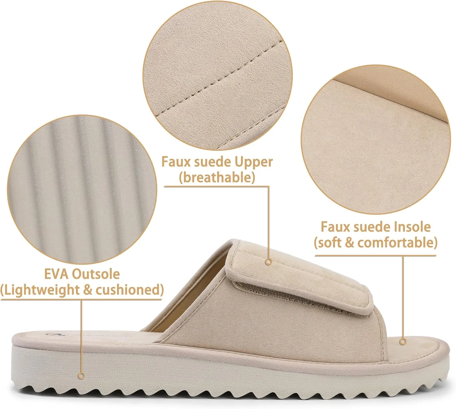 Bigwow Men's Slippers Open Toe House Slipper Adjustable Wrap Suede Slides Extra Wide Slip On Non-Slip Indoor Home Shoes