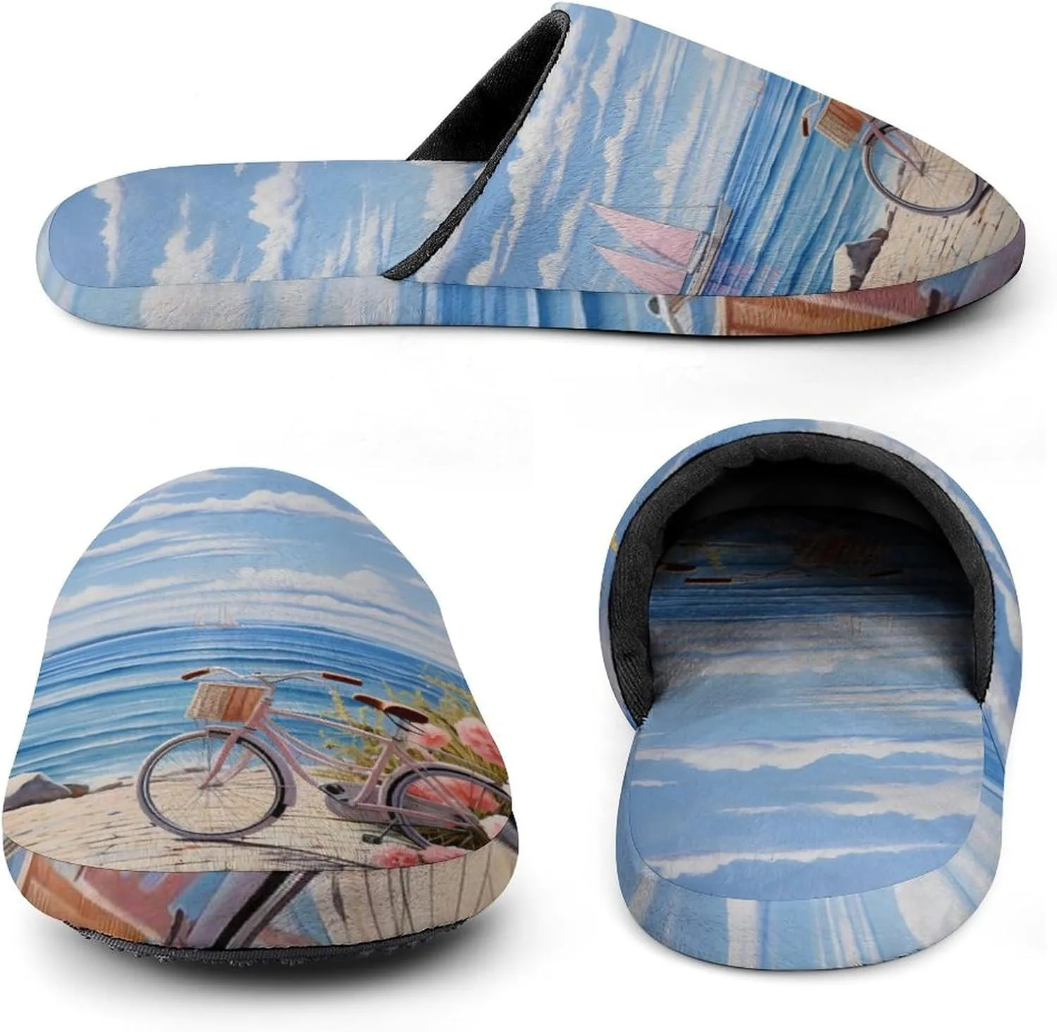 Bike Seaside Bicycles and Flower Men's Cotton Slippers House Shoes Soft Bedroom Slippers Non-Slip Sole Shoes