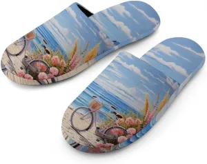 Bike Seaside Bicycles and Flower Men's Cotton Slippers House Shoes Soft Bedroom Slippers Non-Slip Sole Shoes
