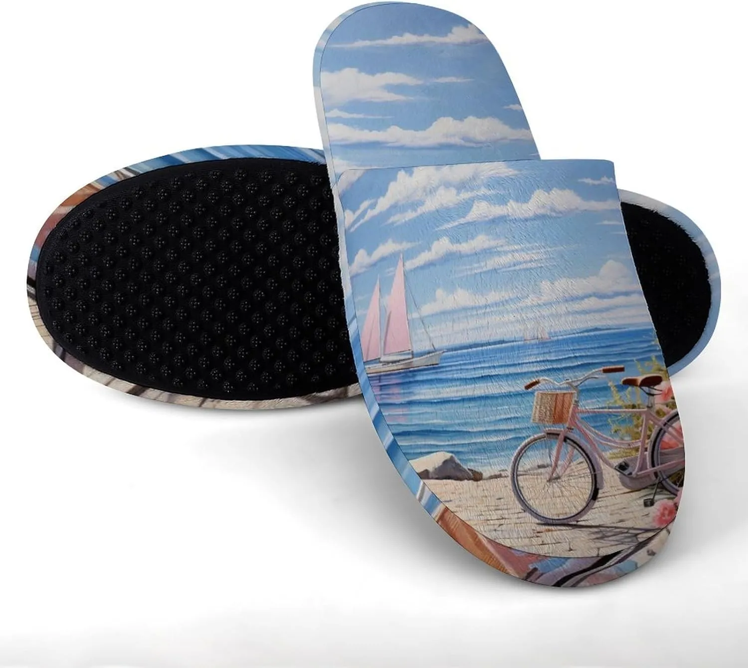 Bike Seaside Bicycles and Flower Men's Cotton Slippers House Shoes Soft Bedroom Slippers Non-Slip Sole Shoes