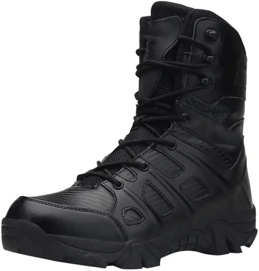BORAMAX Men's Hiking Shoes Stealth Force Waterproof Black Tactical Boots, Men Leather Side Zip Military Combat Desert Boots