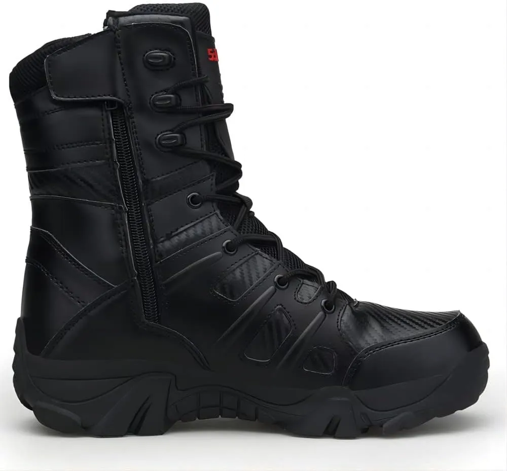BORAMAX Men's Hiking Shoes Stealth Force Waterproof Black Tactical Boots, Men Leather Side Zip Military Combat Desert Boots