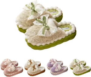 Bow Knot Plush Slippers Fashionable Home Rabbit Plush Warm Thick Soled Cotton Slippers