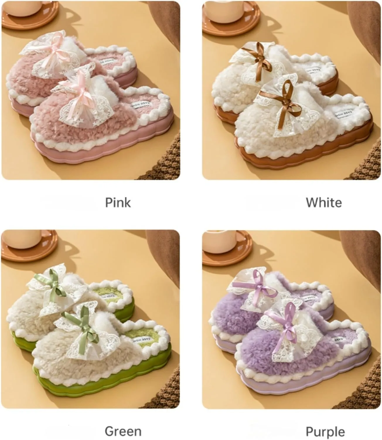 Bow Knot Plush Slippers Fashionable Home Rabbit Plush Warm Thick Soled Cotton Slippers
