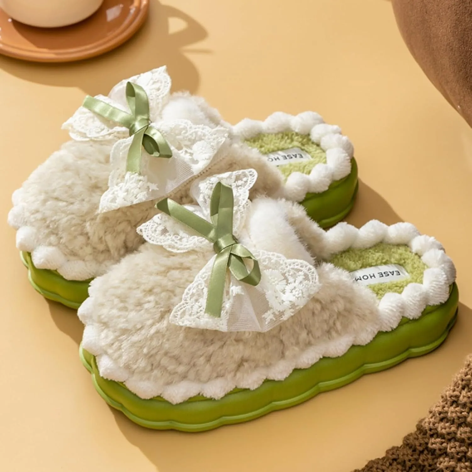 Bow Knot Plush Slippers Fashionable Home Rabbit Plush Warm Thick Soled Cotton Slippers