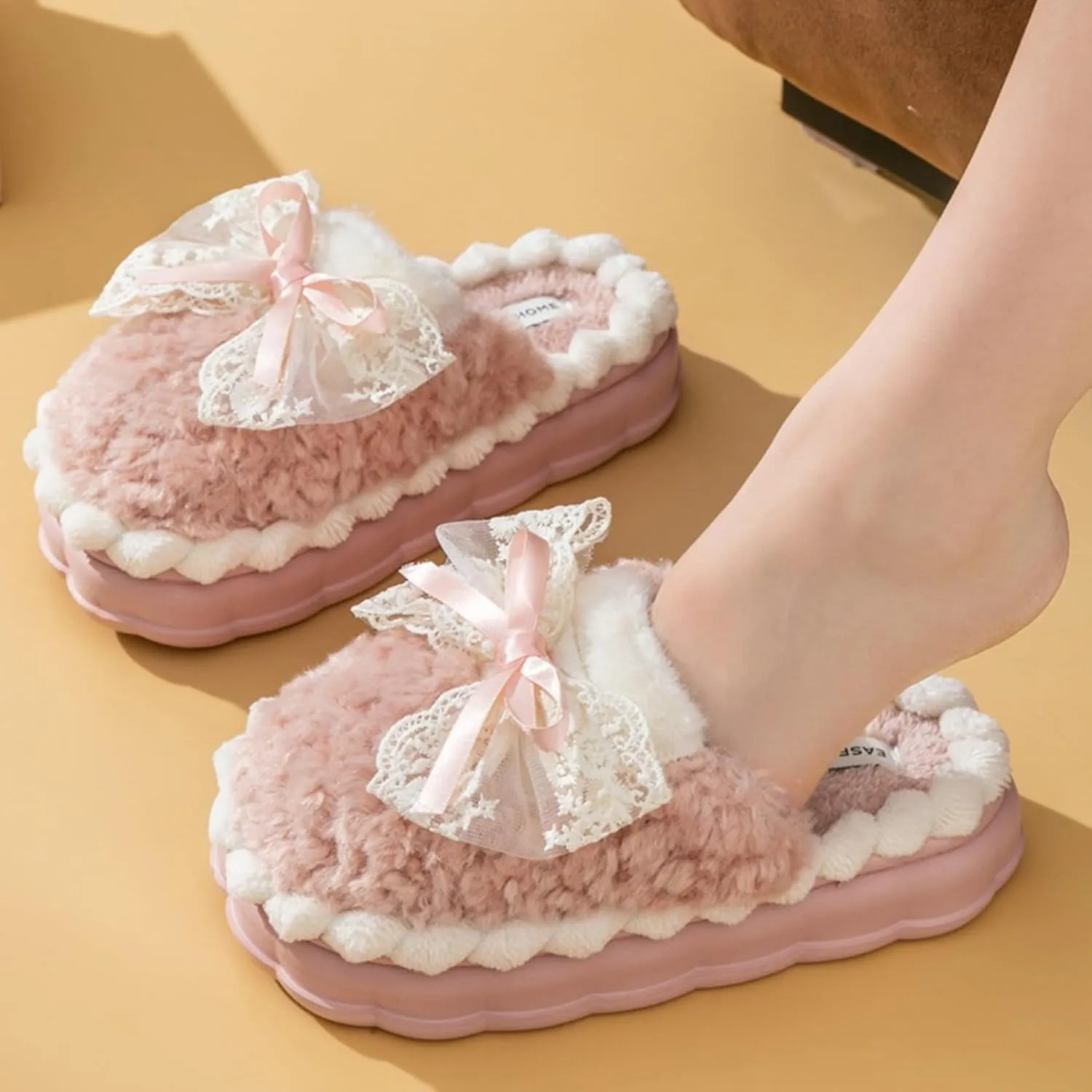 Bow Knot Plush Slippers Fashionable Home Rabbit Plush Warm Thick Soled Cotton Slippers