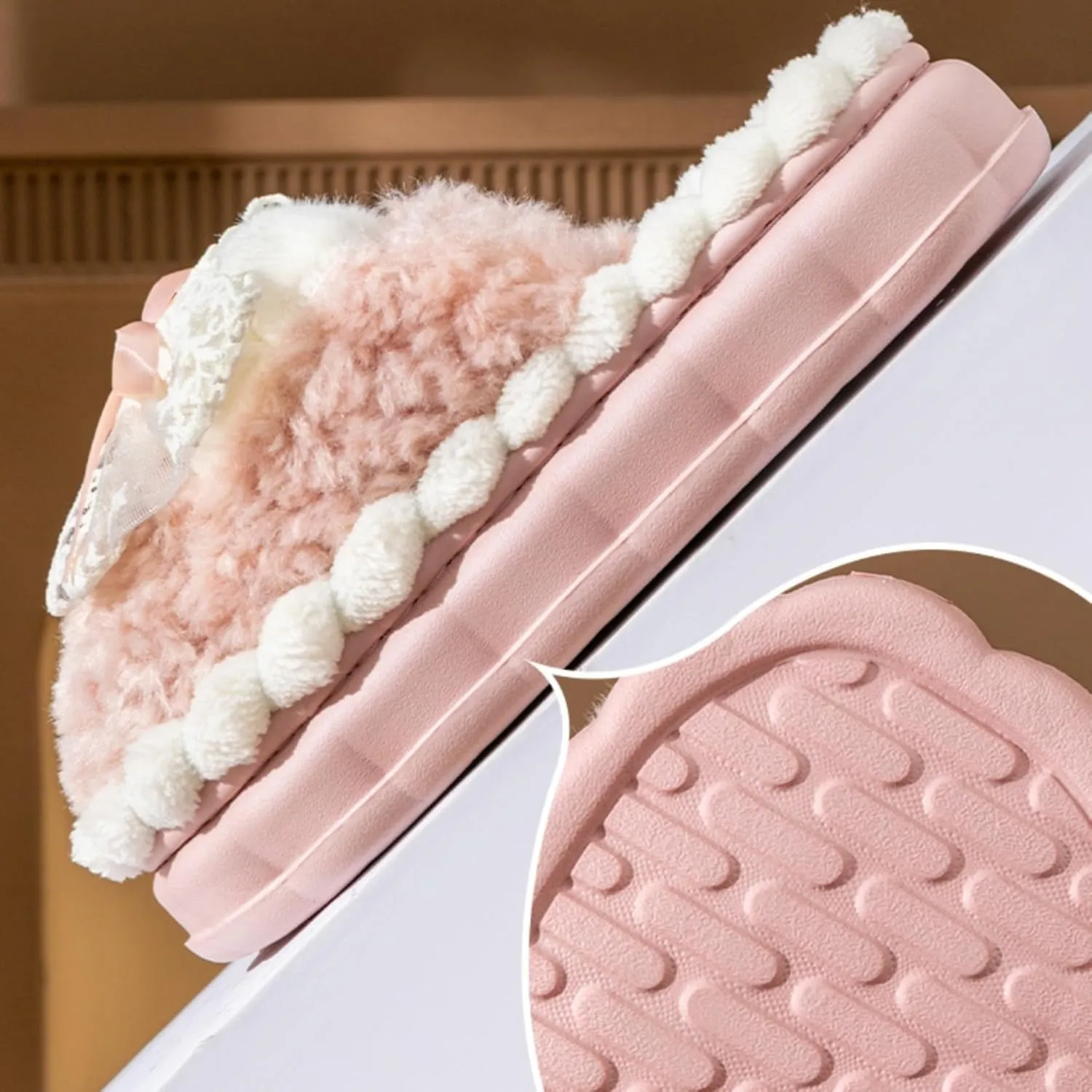 Bow Knot Plush Slippers Fashionable Home Rabbit Plush Warm Thick Soled Cotton Slippers
