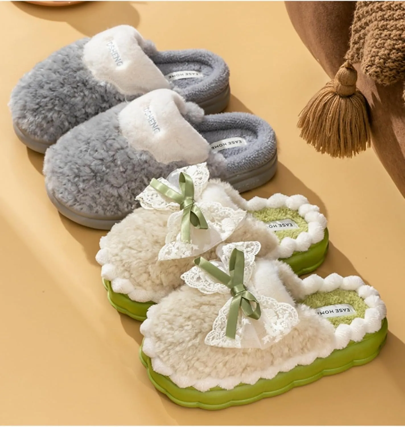 Bow Knot Plush Slippers Fashionable Home Rabbit Plush Warm Thick Soled Cotton Slippers