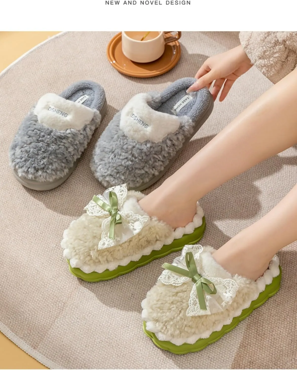 Bow Knot Plush Slippers Fashionable Home Rabbit Plush Warm Thick Soled Cotton Slippers