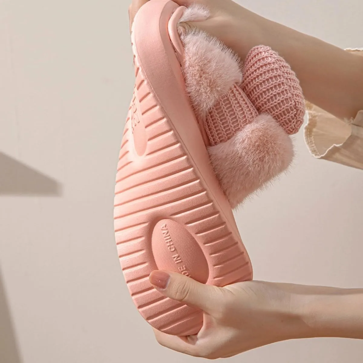 Bow Women's Slipper - Plush Bedroom Cozy Indoor Outdoor Home Shoes, Soft Knitted Bow, Non-Slip, Warm Fuzzy Comfort