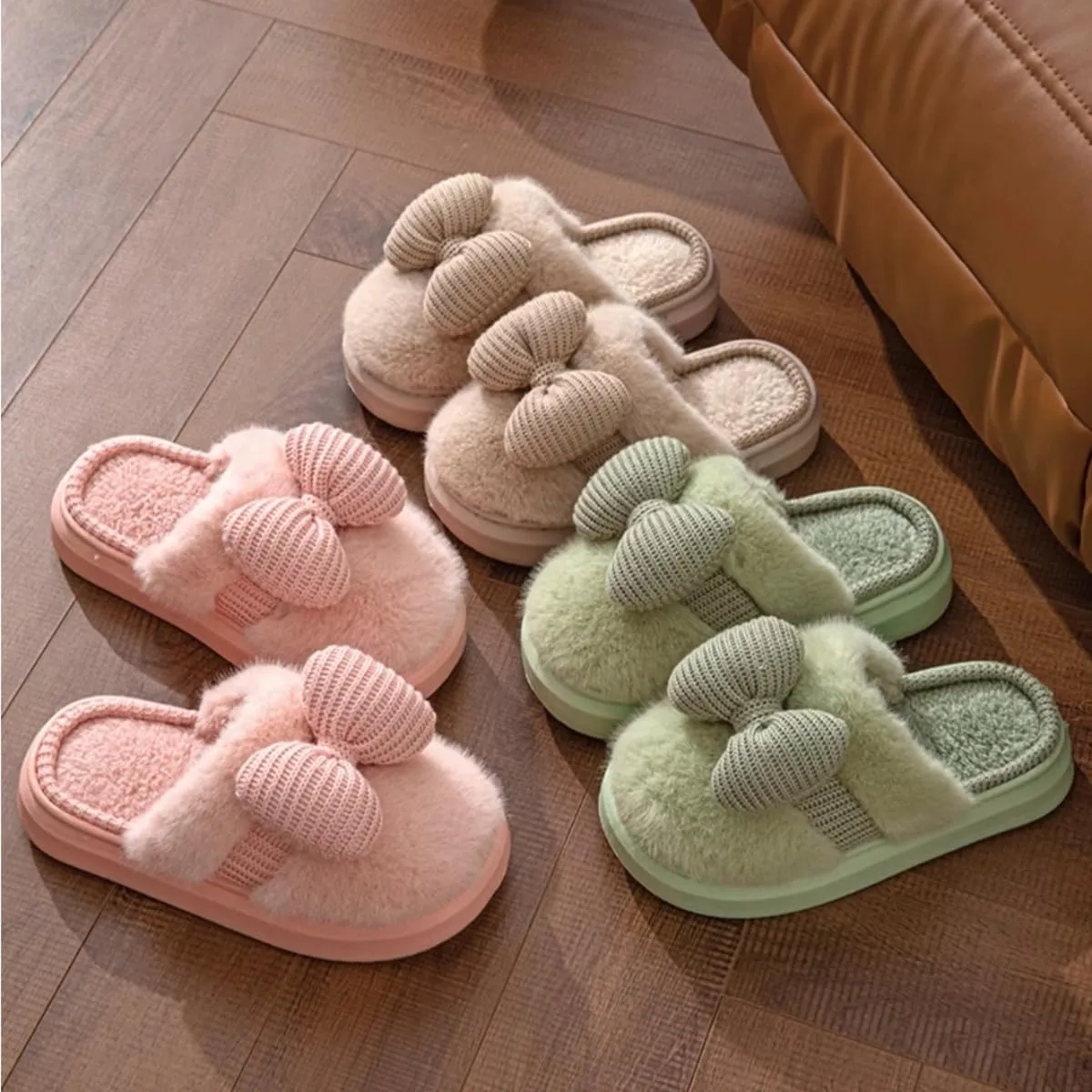 Bow Women's Slipper - Plush Bedroom Cozy Indoor Outdoor Home Shoes, Soft Knitted Bow, Non-Slip, Warm Fuzzy Comfort