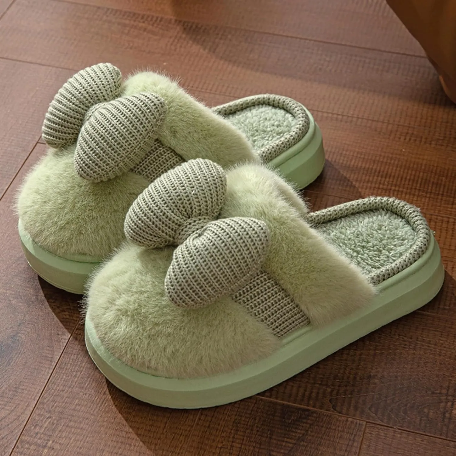 Bow Women's Slipper - Plush Bedroom Cozy Indoor Outdoor Home Shoes, Soft Knitted Bow, Non-Slip, Warm Fuzzy Comfort